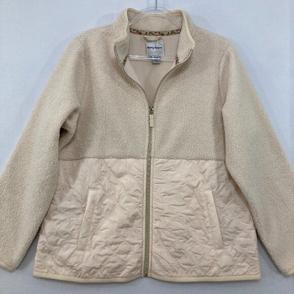 Tommy Bahama size Medium Beige Tan Faux Sherpa Quilted Full Zip Jacket - Picture 1 of 9
